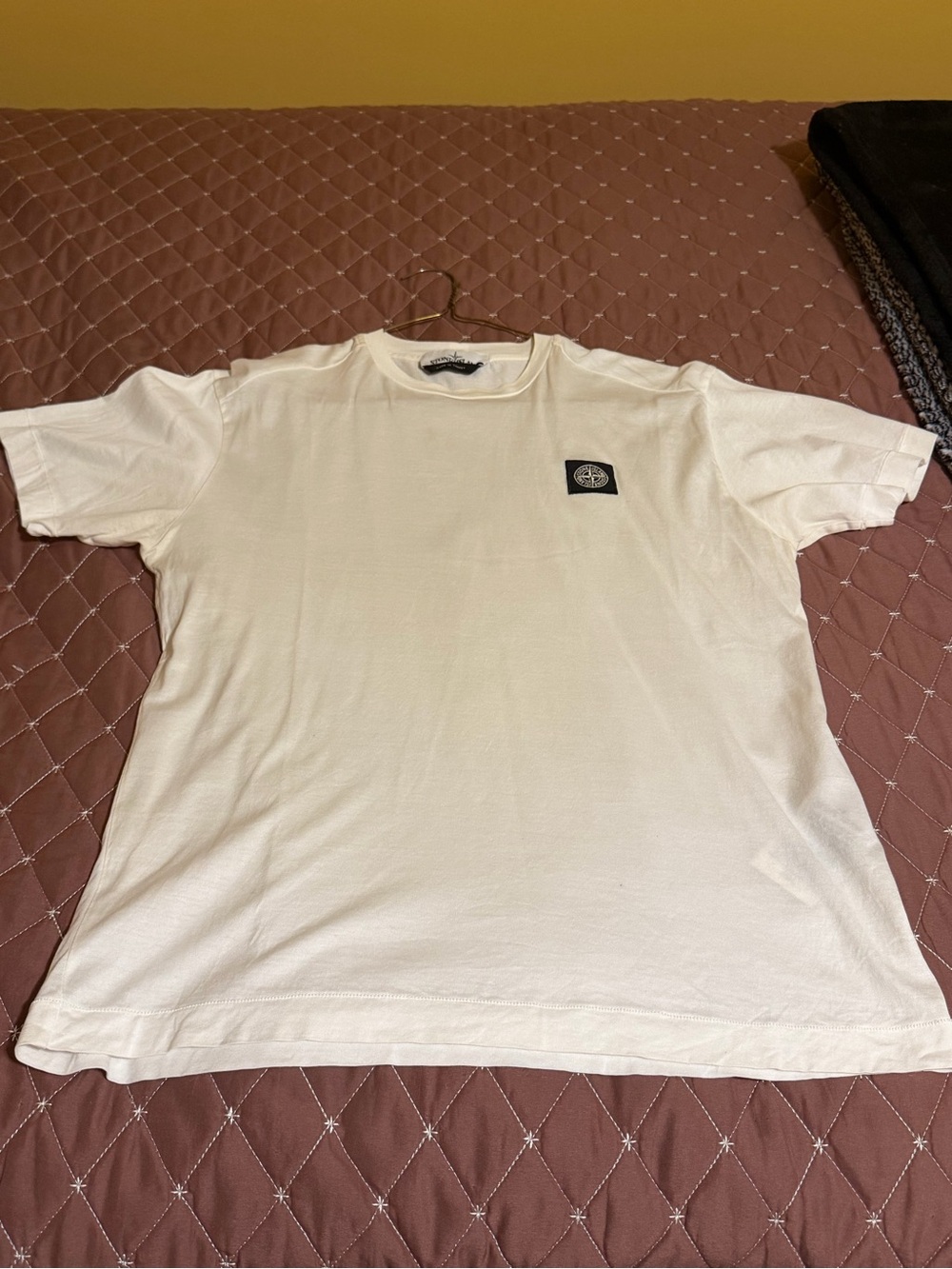 Stone Island Cream Short-Sleeve Tee with Black Logo Patch